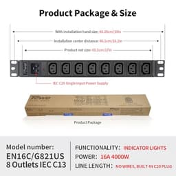 Power Strip, 8 Outlets IEC C13 Metal PDU Power Strip,Built-in C20 Outlet Extender Heavy Duty, 16A 25