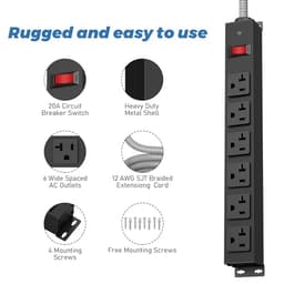 HEZI 20 Amp Power Strip with 1200J Surge Protector,12 Gauge Extension Cord