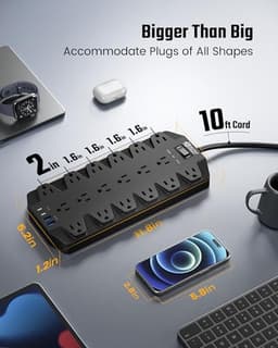 SUPERDANNY 18 AC Power Strip Surge Protector, 10FT, Flat Plug, 1875W/15A