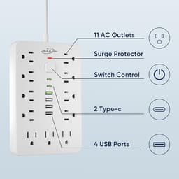 10 FT Flat Plug Surge Protector Power Strip,11 AC Outlets with 6 USB Ports