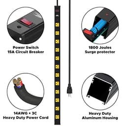 12-Outlet Heavy Duty Power Strip,Metal and PDU Power Strip with Surge Protector,14 AWG 6Ft Long Cord