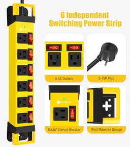 HEZI Heavy Duty Power Strip with 1200J Surge Protector,14 Gauge,Yellow,10FT