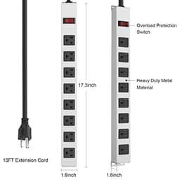 Metal Long 8 Outlet Power Strip Surge Protector, White, 10 FT, 1