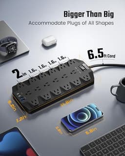 SUPERDANNY 18 AC Power Strip Surge Protector, 6.5FT, Flat Plug, 1875W/15A