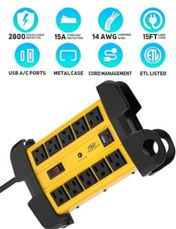 10-Outlet Heavy Duty Power Strip with USB (3.4A), 15FT, ETL Listed