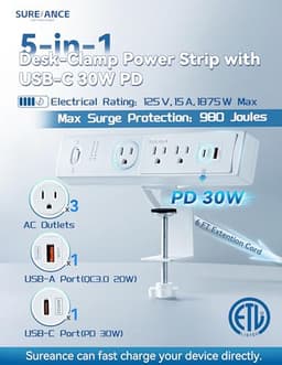 50W Desk Clamp Power Strip with USB-C 30W PD, SUREANCE Desktop Mount Surge Protector, Fits Max 2.5" 