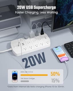 SUPERDANNY Power Strip Surge Protector 5000J, 10FT, 15A, PD 20W, 13 AC