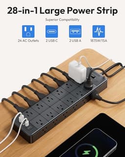 Large Power Strip Surge Protector, NTONPOWER 5FT Extension Cord with 24 AC Outlets, 1875W/15A, 4000 