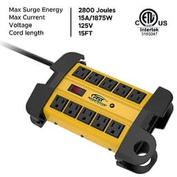 10-Outlet Heavy Duty Power Strip Metal Surge Protector, 15A, 15FT Cord