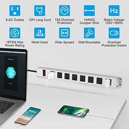 Metal Long 8 Outlet Power Strip Surge Protector, White, 10 FT, 1