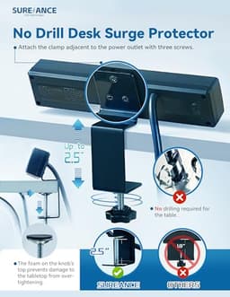 50W Desk Clamp Power Strip with USB-C 30W PD, SUREANCE Desktop Electrical Outlet Extender, Fits Max 