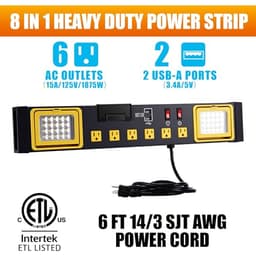 Tellegloww 6 Outlets Power Strip with LED Worklight, Black