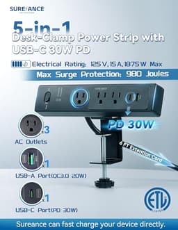50W Desk Clamp Power Strip with USB-C 30W PD, SUREANCE Desktop Electrical Outlet Extender, Fits Max 