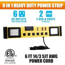 Tellegloww 6 Outlets Power Strip with LED Worklight, Yellow Black