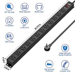 12-Outlet Heavy Duty Power Strip,Metal and PDU Power Strip with Surge Protector,14 AWG 6Ft Long Cord