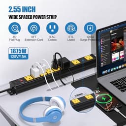 8 Outlets Long Metal Power Strip, 6FT 14AWG Cord (Pack of 3)