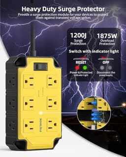 12AC Magnetic Heavy Duty Power Strip, 6.5 FT Extension Cord Surge Protector