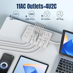 10 FT Flat Plug Surge Protector Power Strip,11 AC Outlets with 6 USB Ports