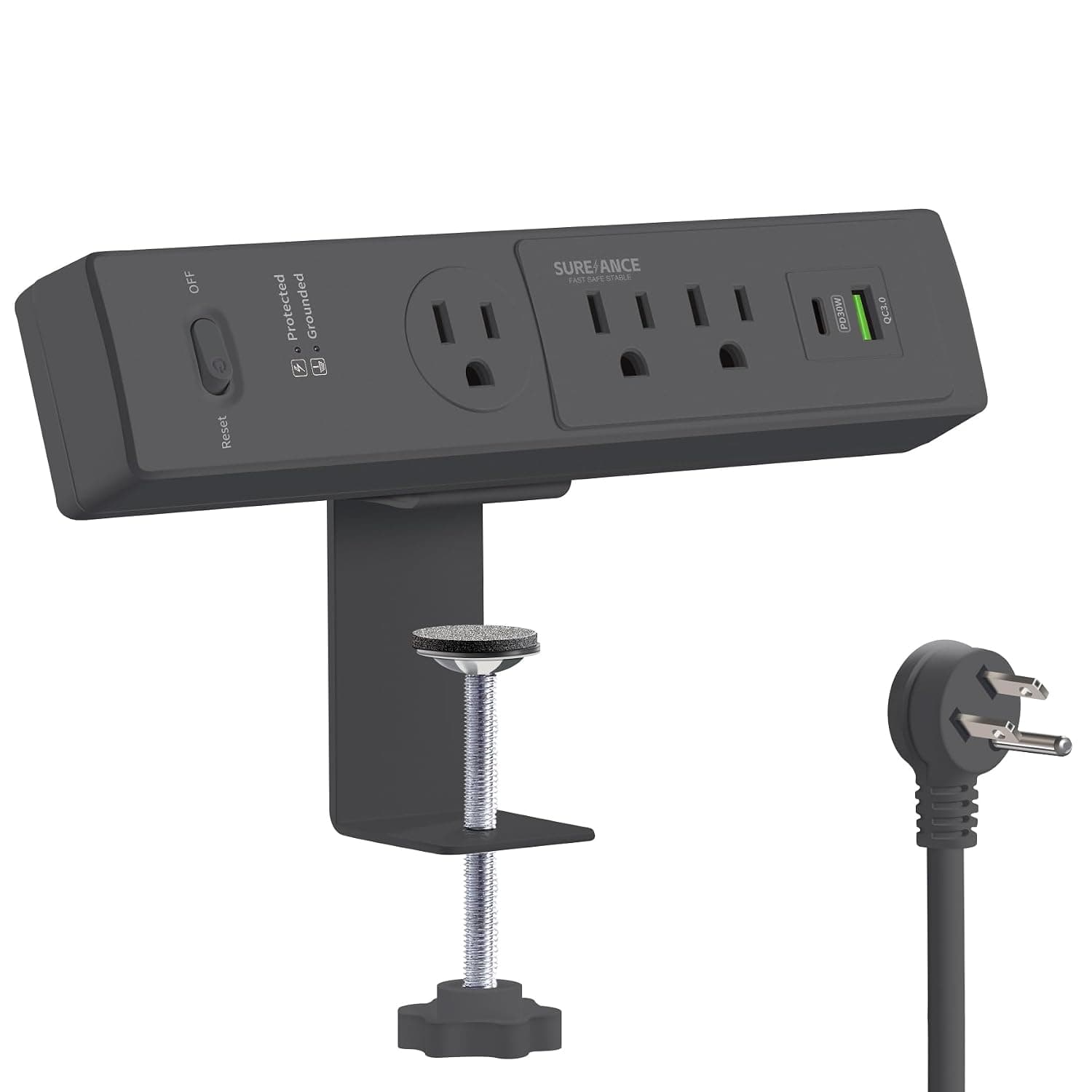 50W Desk Clamp Power Strip with USB-C 30W PD, SUREANCE Desktop Electrical Outlet Extender, Fits Max
