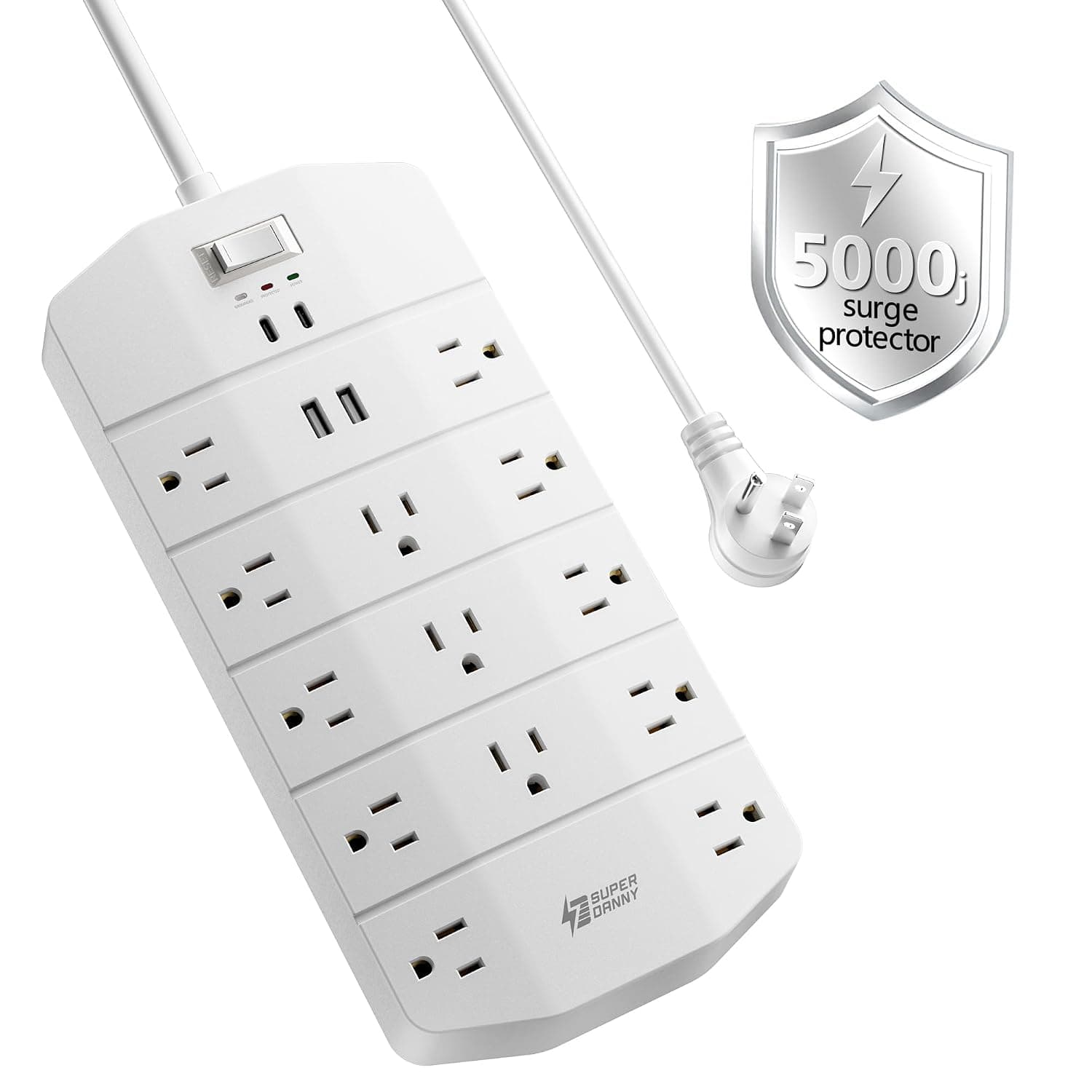 SUPERDANNY Power Strip Surge Protector 5000J, 10FT, 15A, PD 20W, 13 AC