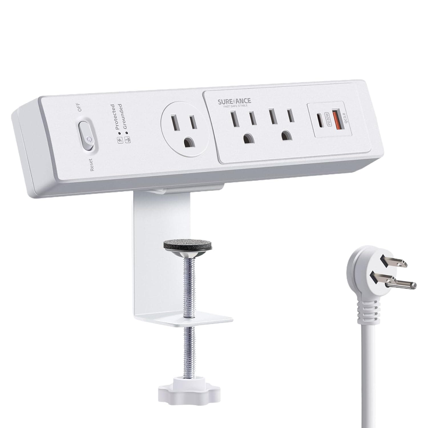 50W Desk Clamp Power Strip with USB-C 30W PD, SUREANCE Desktop Mount Surge Protector, Fits Max 2.5"