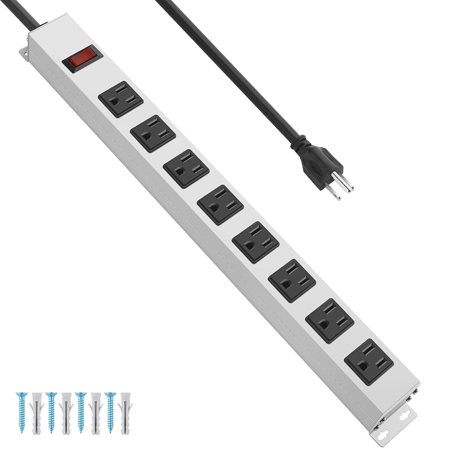 Metal Long 8 Outlet Power Strip Surge Protector, White, 15 FT, 1