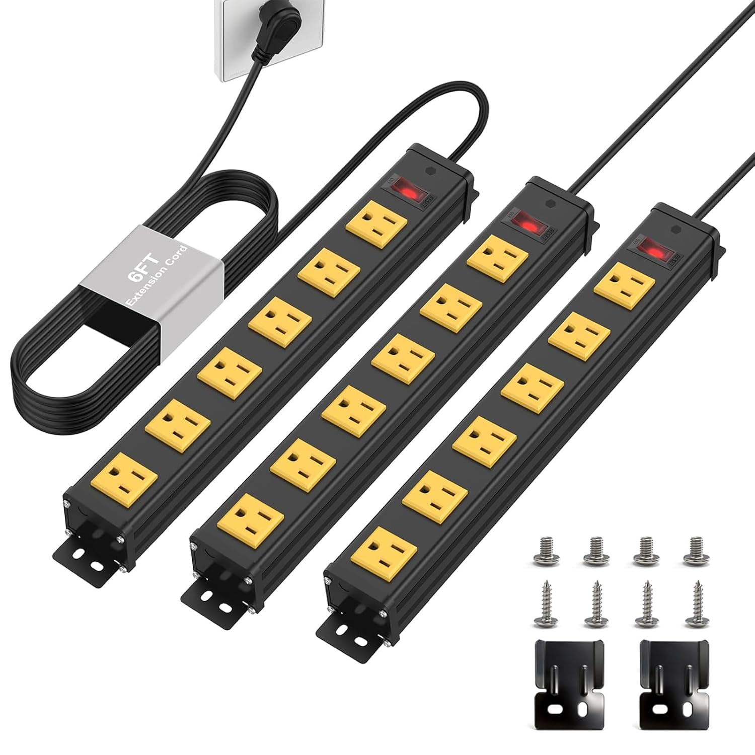 6 Outlets Long Metal Power Strip, 6FT 14AWG Cord (Pack of 3)
