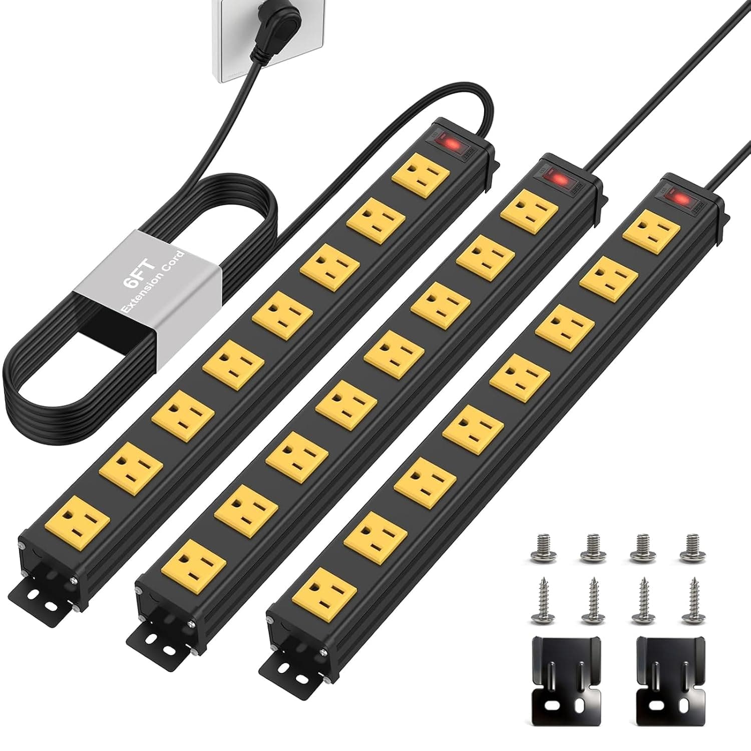 8 Outlets Long Metal Power Strip, 6FT 14AWG Cord (Pack of 3)