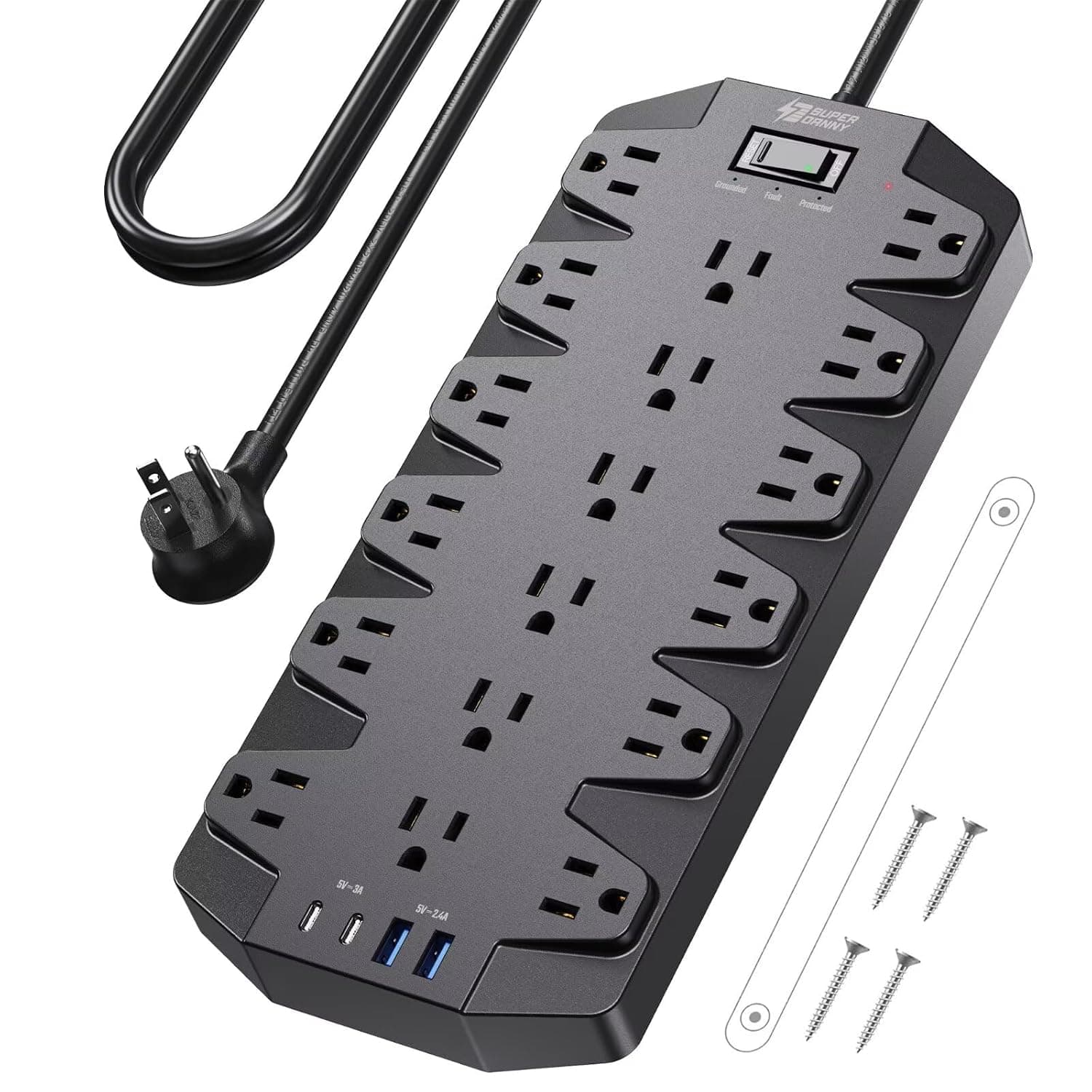 SUPERDANNY 18 AC Power Strip Surge Protector, 6.5FT, Flat Plug, 1875W/15A