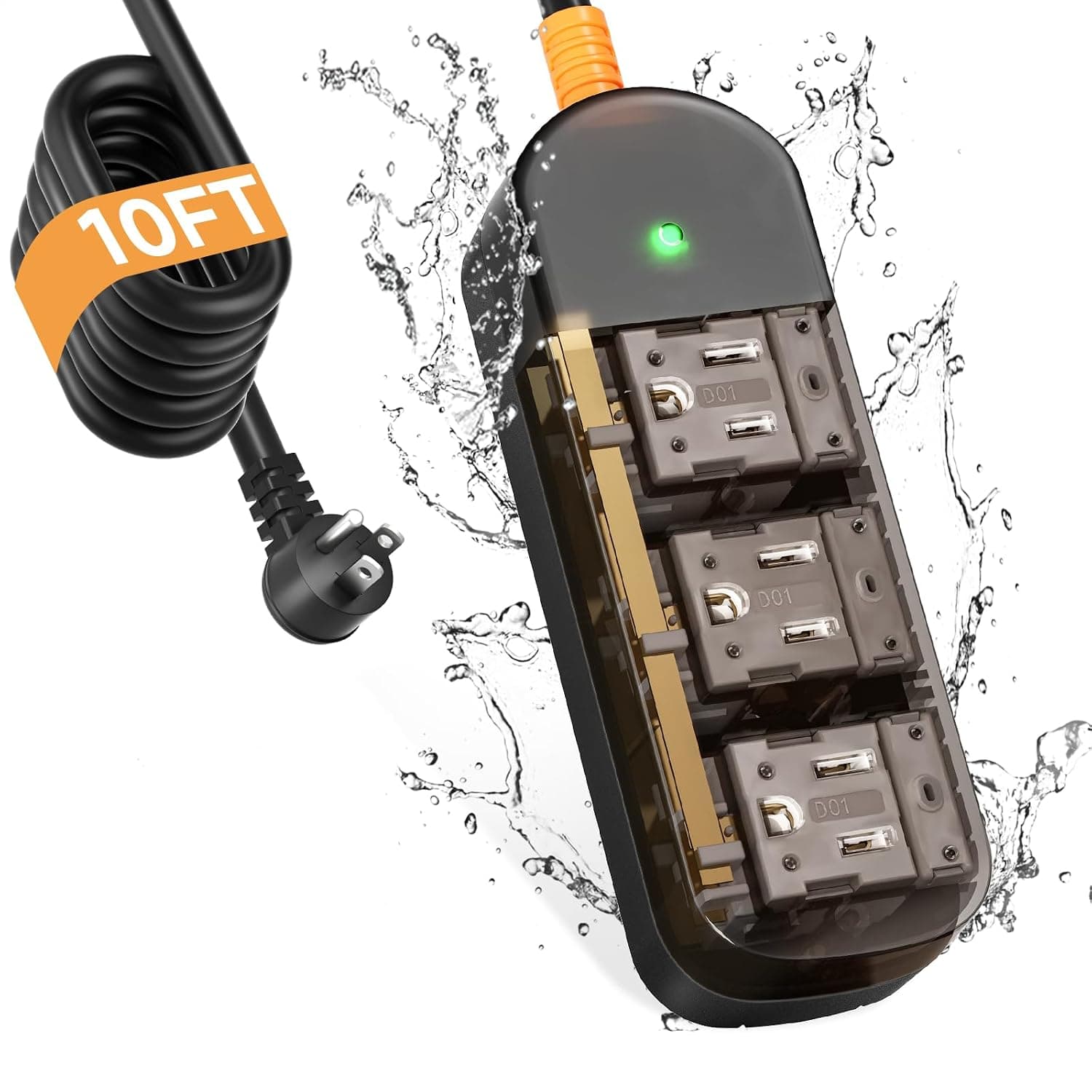 Outdoor Power Strip Weatherproof 10 FT Extension Cord Waterproof Surge Protector Power Strip, 3 AC O