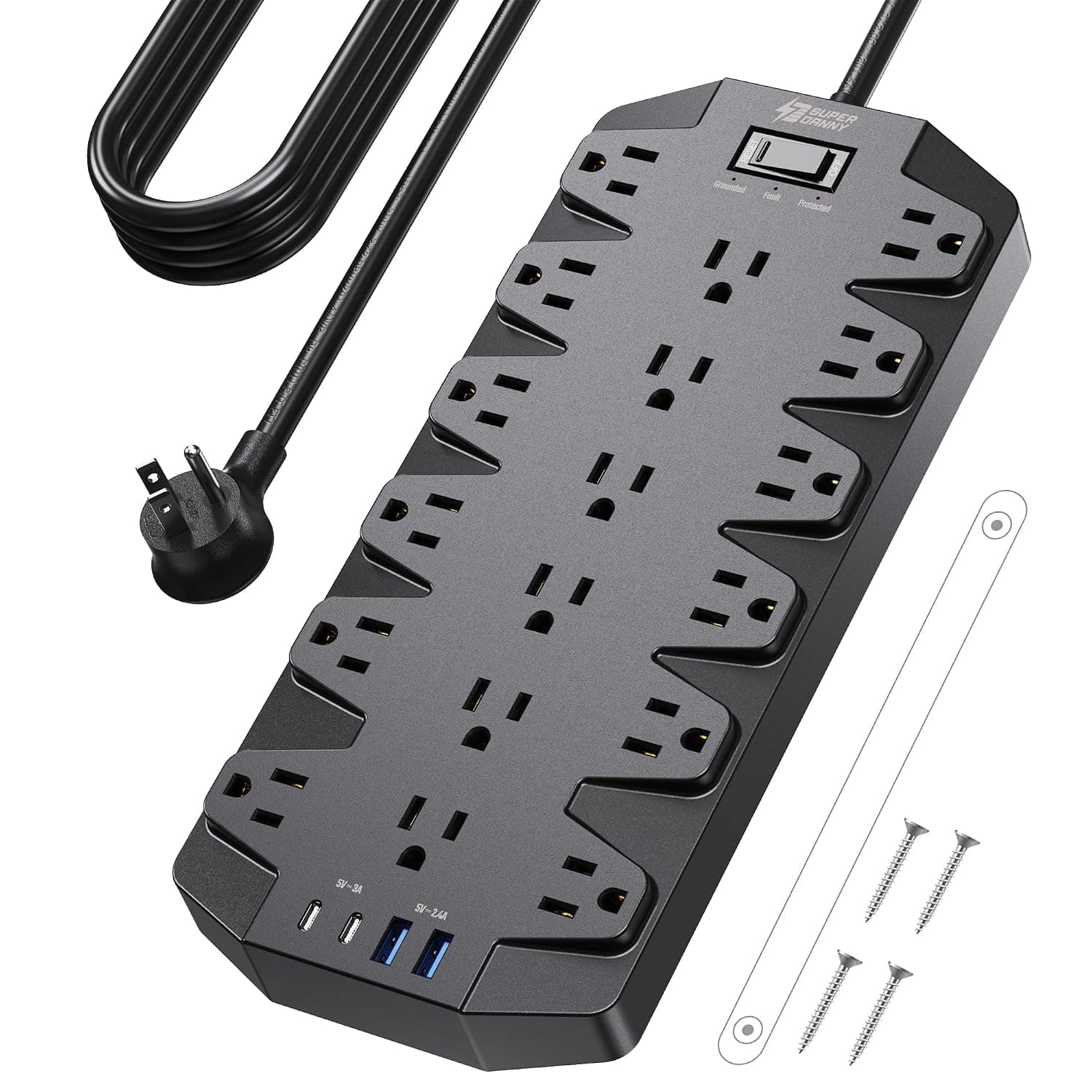 SUPERDANNY 18 AC Power Strip Surge Protector, 10FT, Flat Plug, 1875W/15A