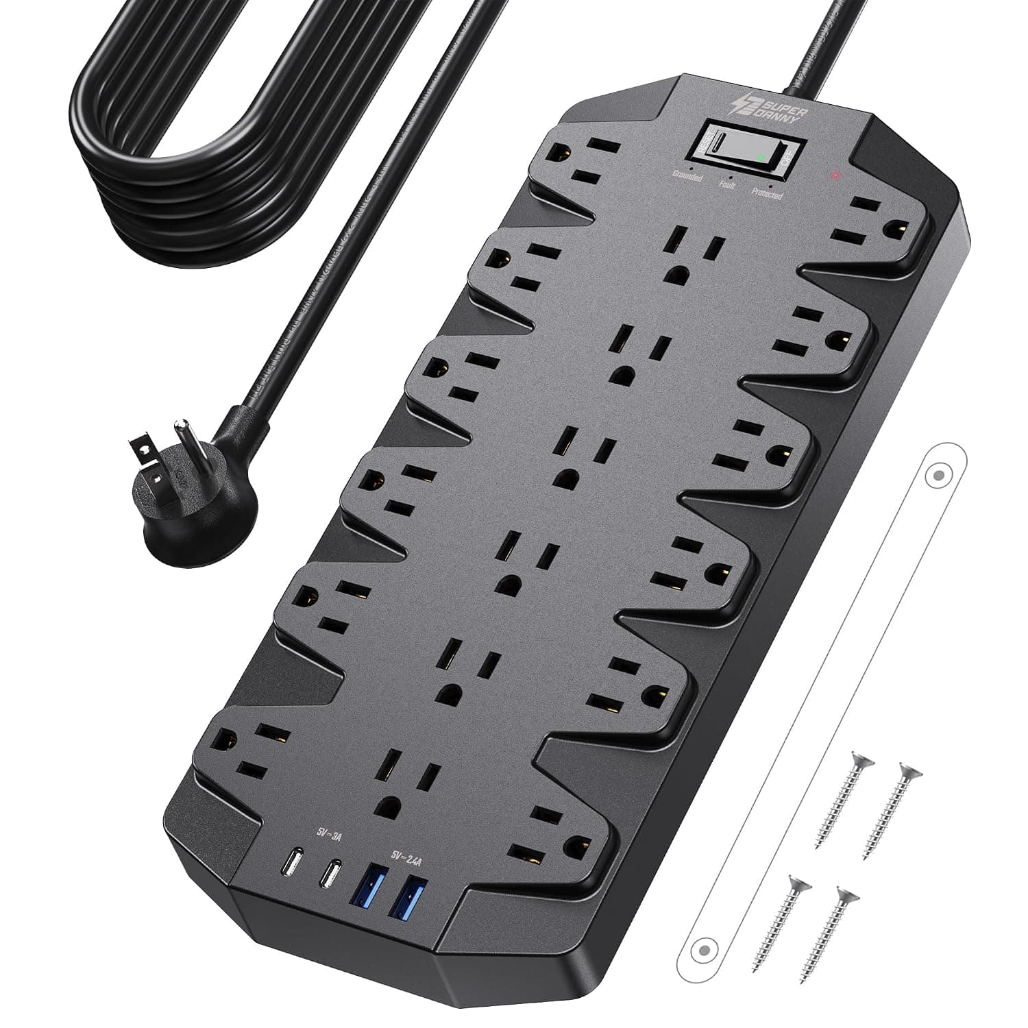 SUPERDANNY 18 AC Power Strip Surge Protector, 15FT, Flat Plug, 1875W/15A
