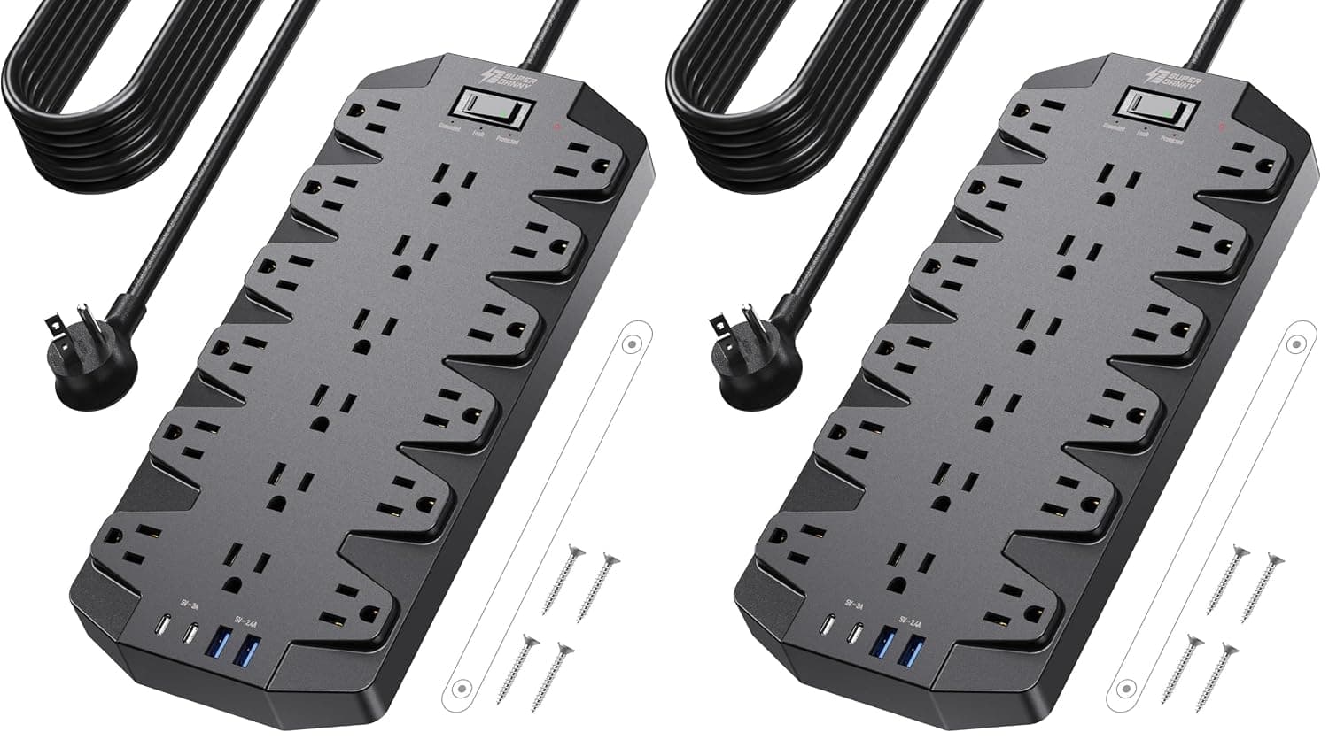 SUPERDANNY Power Strip Surge Protector,18 Outlets 15FT Flat Plug 1875W/15A (Pack of 2)